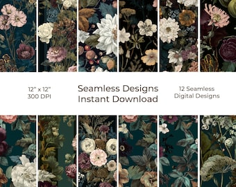 Dark Floral Seamless Digital Papers, Printable Junk Journal Kit (Digital Download) 11
