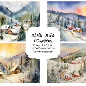 Winter in the Mountains Watercolor Digital Paper Bundle 12 PNG Christmas Journal Pages Craft Scrapbooking Texture Background Holiday Scenery