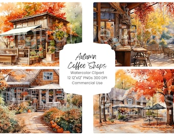 Cozy Autumn Cafe Watercolor Clipart, Fall Coffee Shop PNG, Cottagecore, Digital Download