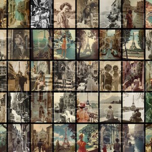 Vintage European landmarks junk journal kit with 100 printable pages — worn antique tourist photo backgrounds for heritage albums