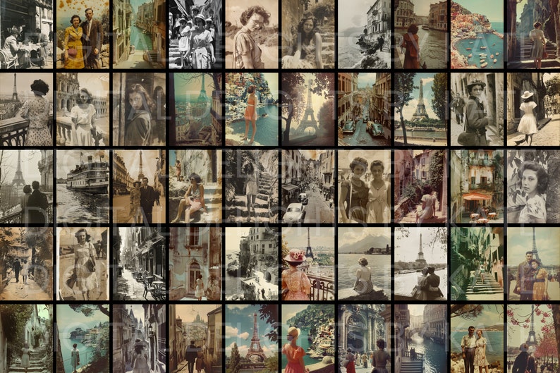 Vintage European landmarks junk journal kit with 100 printable pages — worn antique tourist photo backgrounds for heritage albums