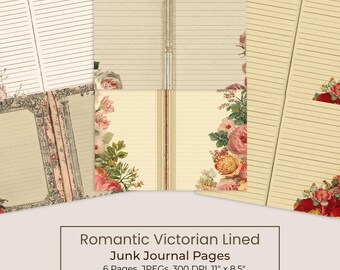 Romantic Victorian Lined Junk Journal Pages, Printable Floral Kit (Digital Download) 114