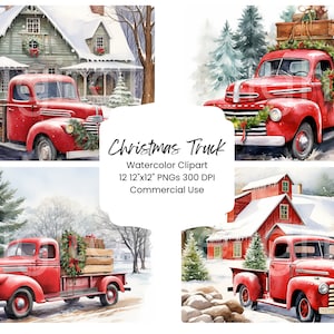Rode vrachtwagen land kerst clipart aquarel digitale papier bundel 12 PNG vakantie schuur dagboek pagina's ambachtelijke scrapbook achtergrond feestelijk