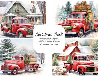 Watercolor Christmas Truck Clipart Set, 12 PNG Holiday Farmhouse Winter Scenes (Digital Download)