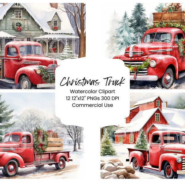 Red Truck Country Christmas Clipart Watercolor Digital Paper Bundle 12 PNG Holiday Barn Journal Pages Craft Scrapbook Background Festive