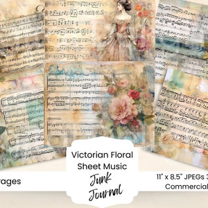 Partituras victorianas acuarela diario basura página imprimible floral basura diario kit papel collage digital descarga instantánea nota de partituras