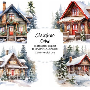 Cabaña de Navidad Clipart acuarela paquete de papel digital PNG vacaciones país diario páginas artesanía álbum de recortes fondo festivo vacaciones de invierno