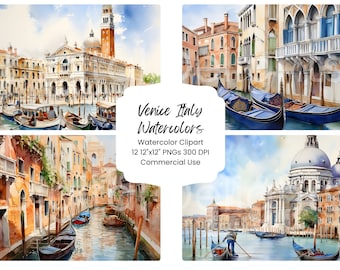 Venice Italy Watercolor Clipart: Italian Scenery Digital Paper (12 JPEG Files)