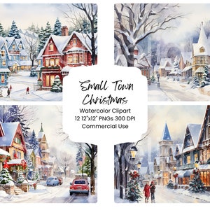 Kleinstadt Weihnachten Clipart Aquarell Digital Paper Bundle 12 PNG Urlaub Journal Seiten Handwerk Scrapbook Hintergrund Festliche Urlaub Land