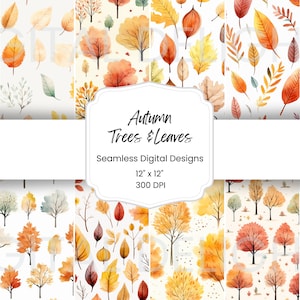 Autumn Trees Leaves Digital Paper: Seamless Fall Patterns (PNG)