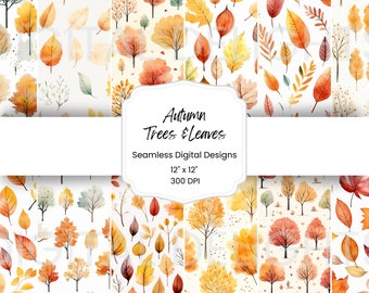 Autumn Trees Leaves Digital Paper: Seamless Fall Patterns (PNG)