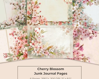 Cherry Blossom – Printable Junk Journal Pages | 6 Digital Pages | 11x8.5" | Soft Floral Kit | Cottagecore Stationery | Commercial Use