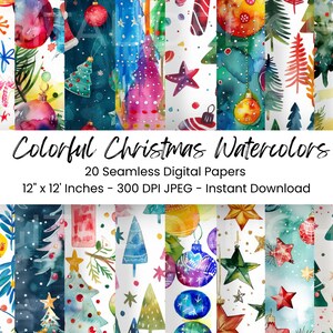 Puede incluir: 20 papeles digitales con diseños navideños de acuarela. Los papeles incluyen adornos, estrellas, árboles y copos de nieve en una variedad de colores. Los papeles miden 30,48 cm por 30,48 cm y 300 DPI.