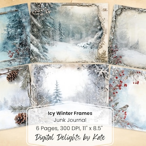 Quadros de inverno gelados Junk Journal Página para impressão Kit de diário de lixo de férias Papel Colagem digital Download instantâneo Efêmeras de inverno DIY Natal