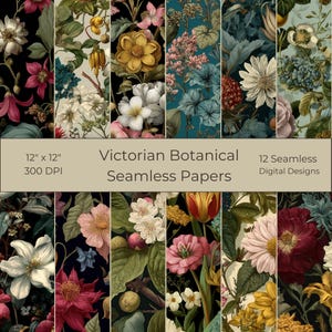 Puede incluir: Una colección de 12 diseños digitales sin costuras con patrones botánicos victorianos. Cada diseño muestra una disposición única de flores y follaje en varios colores, sobre fondos oscuros. Los papeles miden 30,48 cm x 30,48 cm a 300 DPI.