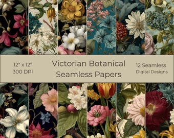 Victorian Botanical Digital Paper, Dark Floral Scrapbook Patterns (Digital Download)