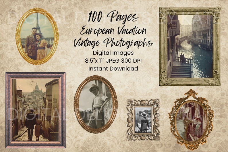 Faded travel memories scrapbook printable set — classic wanderlust ephemera pages featuring Mediterranean coastal towns and Paris scenes