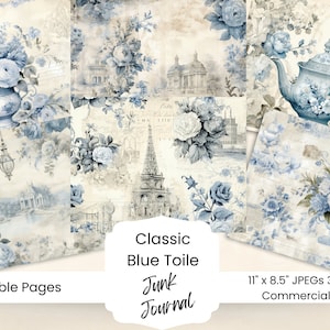 Blue Toile Junk Journal Papel digital Floral 6 Páginas de diario digital Imprimible Ephemera Paper Craft Collage Sheet 11 x 8.5 Descarga instantánea