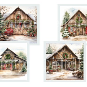 Rustic barn clipart PNG pack — 12 watercolor farmhouse Christmas designs with snowy roofs, wreaths, and weathered wood for card making