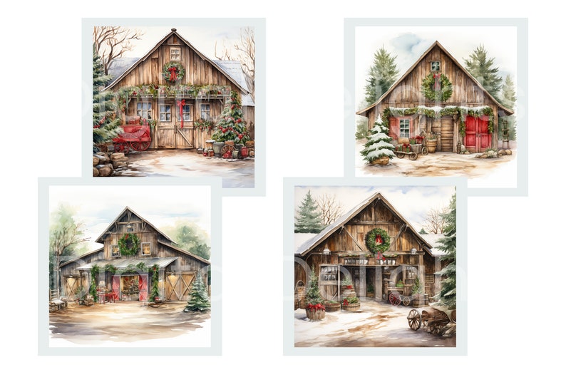 Rustic barn clipart PNG pack — 12 watercolor farmhouse Christmas designs with snowy roofs, wreaths, and weathered wood for card making