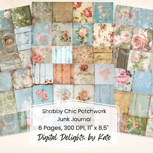 Könnte beinhalten: Eine Sammlung digitaler Scrapbook-Papiere mit einem Shabby-Chic-Patchwork-Design. Die Papiere zeigen florale Muster, Holzstrukturen und Used-Effekte in Pastellfarben. Der Text auf dem Bild lautet "Shabby Chic Patchwork Junk Journal".