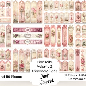 Roze Toile Junk Journal Kit Ephemera-ontwerpen Tags Bladwijzers Buikbanden Afdrukbaar Ephemera Paper Craft Collagevel 11 x 8,5 Franse kaart