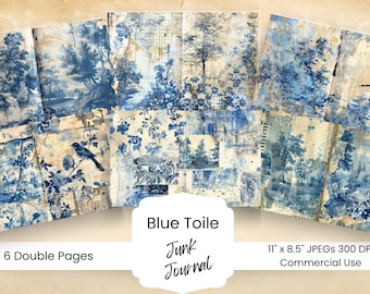 Blue Toile Junk Journal Pages: Floral Ephemera, Collage Paper (Digital Download)