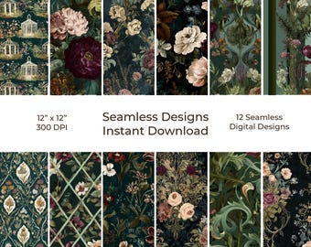 Dark Victorian Botanical Printable Junk Journal Kit, Seamless Digital Papers (Digital Download) 20