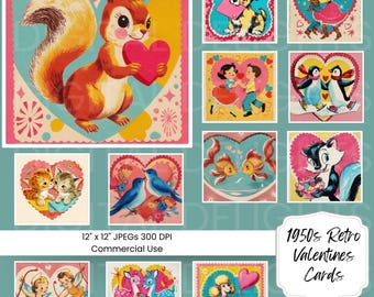 May include: A collection of vintage-style Valentine's Day cards. The cards feature various animals, including a squirrel holding a heart, a dog with a love letter, and a skunk. The cards are in a retro style with pastel colors and heart-shaped frames.