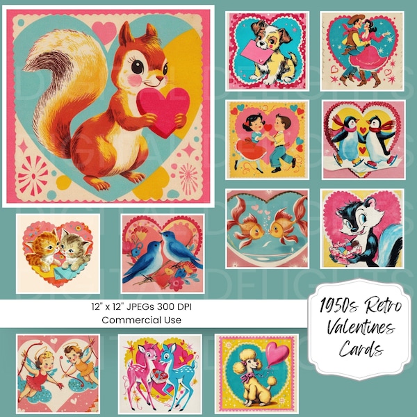 Retro Valentine Cards – 1950s Paper Pack  (Digital Paper Bundle)