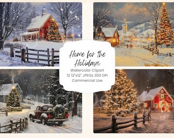 Christmas Watercolor Paper: Snowy Holiday Homes (Digital Download)