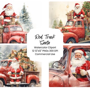 Red Truck Santa Country Christmas Clipart Aquarel Digitale Papier Bundel 12 PNG Vakantie Journal Pagina's Craft Scrapbook Achtergrond Feestelijk