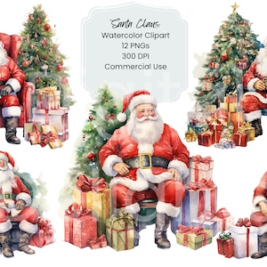 Papai Noel Clipart Aquarela Pacote de papel digital 12 JPEG Feriado Natal Página Artesanato Scrapbooking Textura Fundo Férias Retro