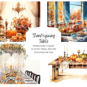 Mesa de Acción de Gracias Clipart Acuarela Paquete de papel digital 12 PNG Páginas de diario de otoño Craft Scrapbook Fondo Mesa de otoño Cena campestre