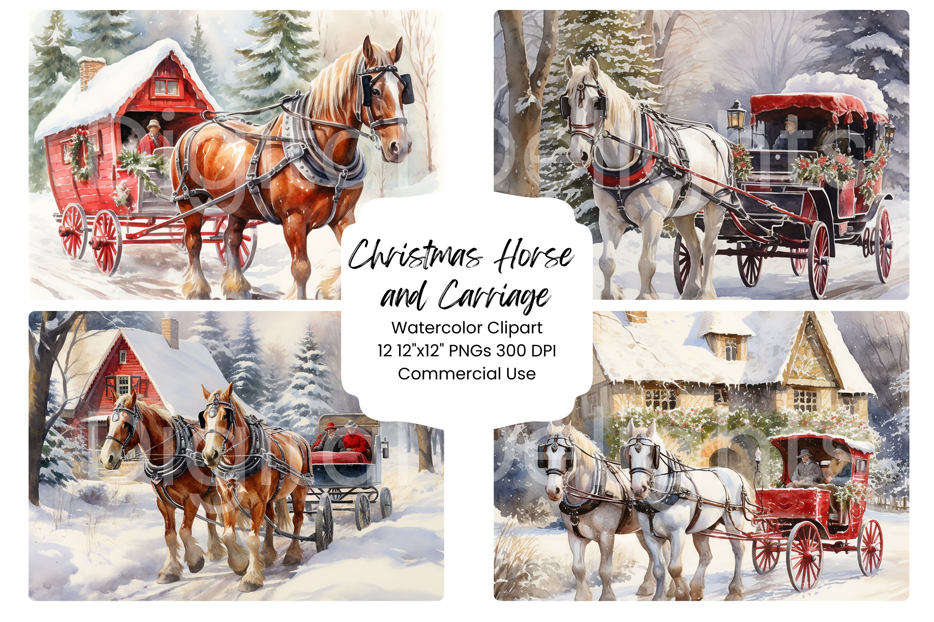 Christmas Horse and Carriage Watercolor Clipart: Holiday PNG Bundle - Etsy