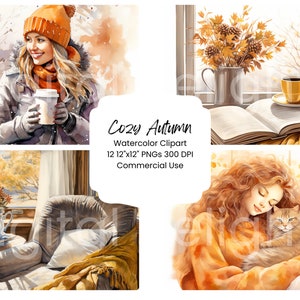 Cozy Autumn Clipart: Watercolor Fall Leaves, Books, Sweater (PNG Digital Paper Bundle)