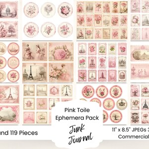 Rosa Toile Junk Journal Ephemera Designs Pingelige Schnitte Briefmarken Tags Runde Postkarten Printable Ephemera Papier Handwerk Collage Sheet 11 x 8,5 Französisch