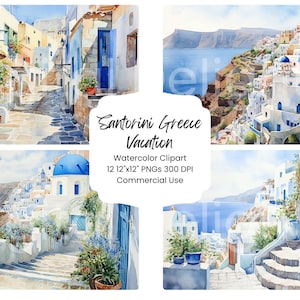 Santorin Grèce vacances aquarelle papier numérique Bundle 12 PNG aquarelle Europe grecque paysage artisanat numérique Scrapbooking Texture