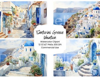 Santorini Greece Vacation Watercolor Digital Paper Bundle 12 PNG Watercolor Greek Europe Scenery Digital Craft Scrapbooking Texture