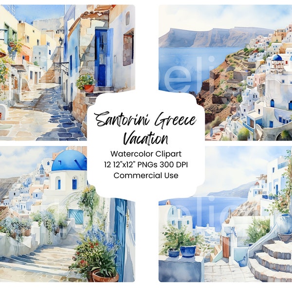 Santorini Greece Vacation Watercolor Digital Paper Bundle 12 PNG Watercolor Greek Europe Scenery Digital Craft Scrapbooking Texture