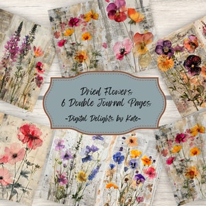 Pressed Flower Weathered Paper Journal Kit, 6 Digital Junk Journal Pages, 11 x 8.5, Printable Journal Ephemera Paper Craft Vintage Newspaper