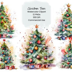 Watercolor Christmas Tree Clipart: Holiday Digital Paper Bundle (Commercial Use)