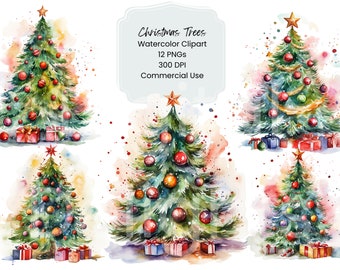 Paquete de imágenes prediseñadas de árboles de Navidad en acuarela, conjunto de 12 diseños navideños en formato PNG para uso comercial (descarga digital).