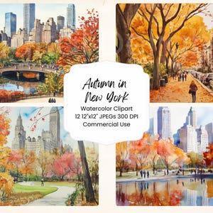 Outono em Nova York Clipart Aquarela Pacote de Papel Digital 12 JPEG Outono Cidade Diário Páginas Artesanato Scrapbook Fundo Feriado de Ação de Graças
