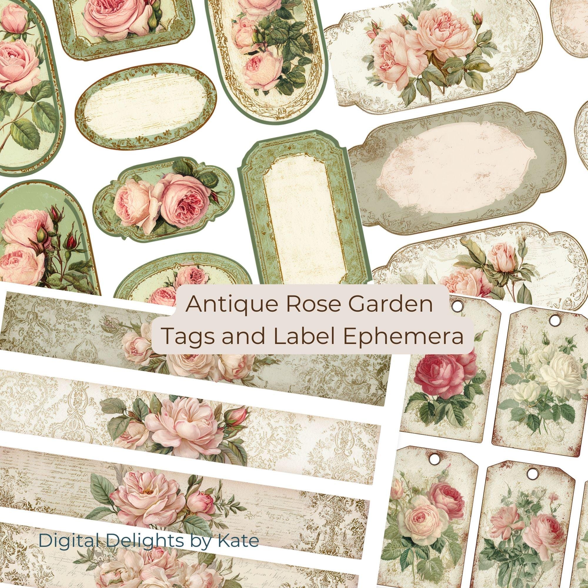 Printable Rose Garden Junk Journal Tags, Vintage Ephemera (digital ...