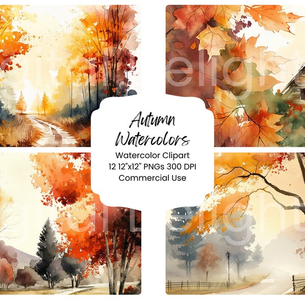 Autumn Scene Clipart Watercolor Digital Paper Bundle 12 PNG Fall Journal Pages Craft Scrapbook Background Foliage Leaves Country Walk Moody