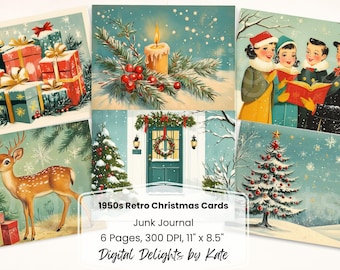 Puede incluir: Un conjunto de tarjetas navideñas de estilo retro con ilustraciones de regalos, una vela, villanciqueros, un ciervo, una puerta decorada y un árbol de Navidad. Las tarjetas están etiquetadas como "1950s Retro Christmas Cards" y forman parte de un "Junk Journal".