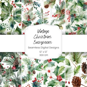Vintage Christmas Evergreens and Pinecones - Watercolor Digital Paper PNG Holiday Scrapbook Papers Seamless Digital Vintage Retro Decor