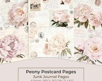 Peony Postcard Junk Journal Kit, Printable Vintage Floral Pages (Digital Download) 1