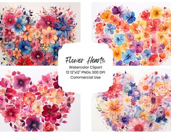 Clipart de corações de flores em aquarela: papel para scrapbook do Dia dos Namorados (download digital em PNG)
